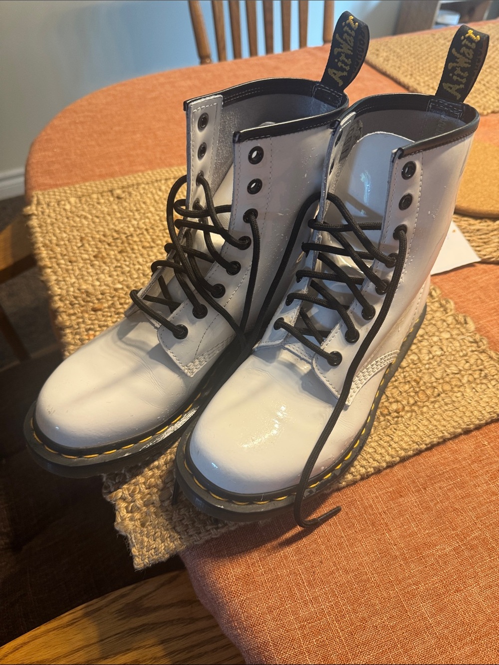 Dr. Martens White Patent 8-Eye Lace-Up Boots with Yellow Welt Stitching